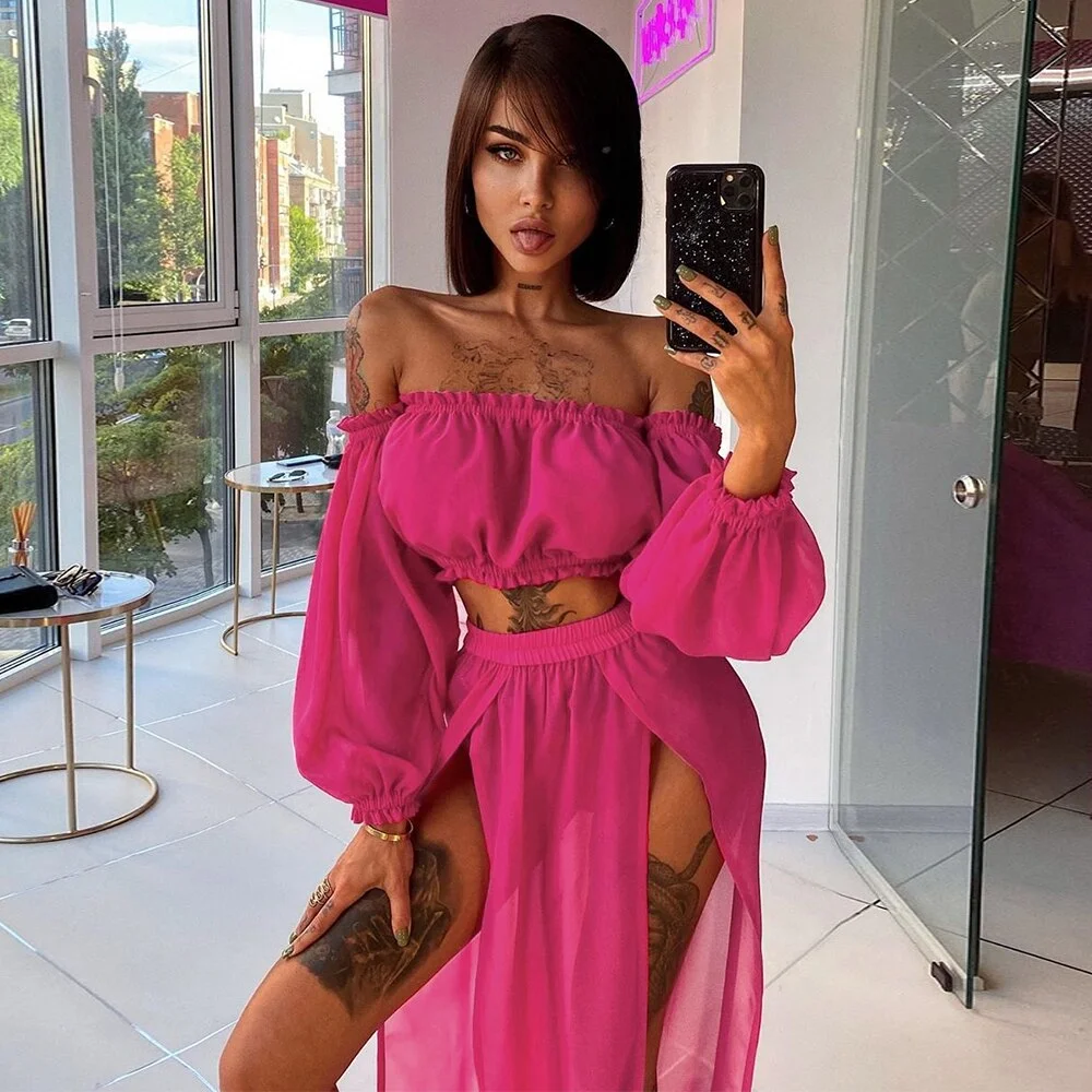 2020 New Solid Two Piece Tunic Cotton Beach Cover Up Swimsuit Women Folds Long Sleeve Pareo Sarong Beachwear Saida de Praia