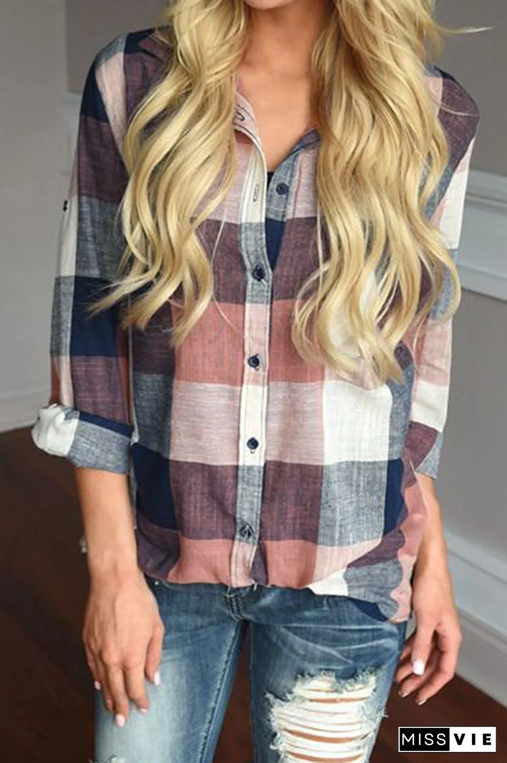 Casual Plaid Pocket Buckle Turndown Collar Tops