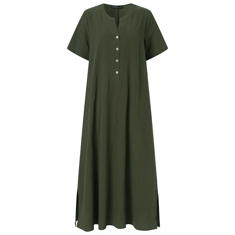 ZANZEA Women Long Shirt Dress Summer Sundress Vintage Short Sleeve Solid Cotton Vestidos Robe Femme Dresses Kaftan  7