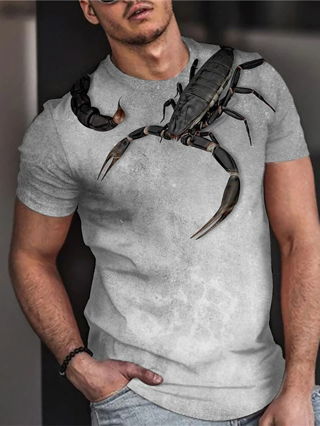 2023 Men's Hot Sale Fashion Casual Round Neck Gray Color Scorpion 3D Print Short Sleeve T-Shirt Tops