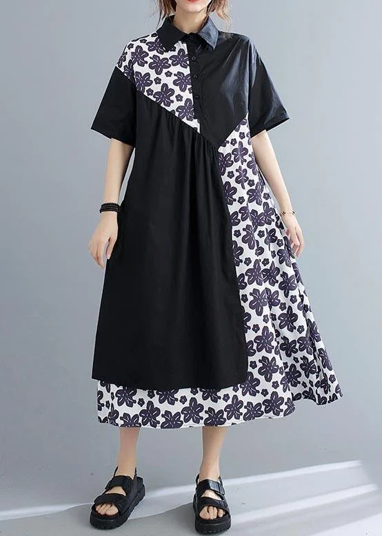 Unique Black Patchwork Print Peter Pan Collar Summer Chiffon Dress