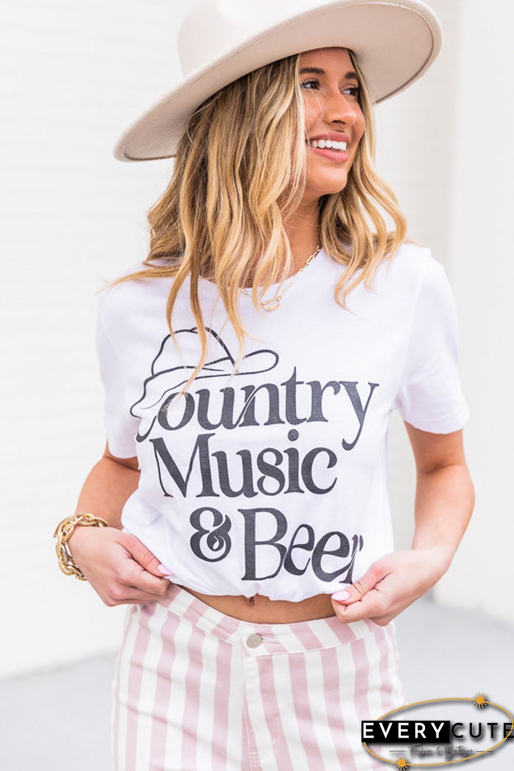 White Country Music & Beer Graphic Print Short Sleeve T Shirt