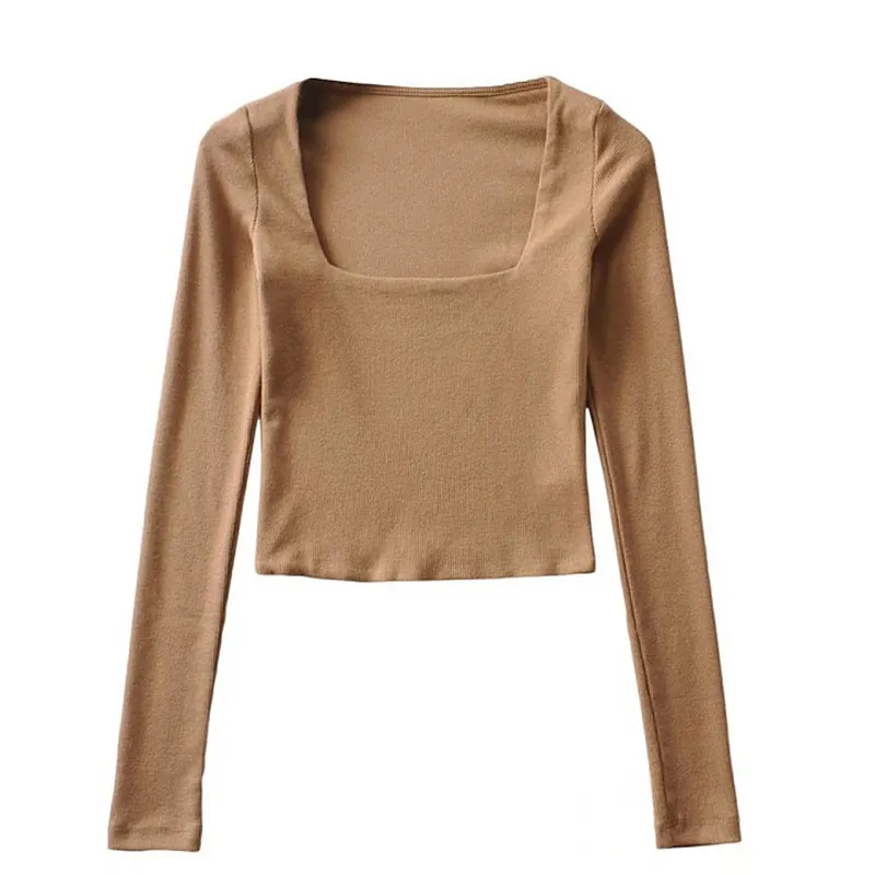 Churchf Churchf New Square Neck Top Vintage Long-Sleeved T-Shirt Women Short High Waist Slim Inside Tight Slim Undershirt