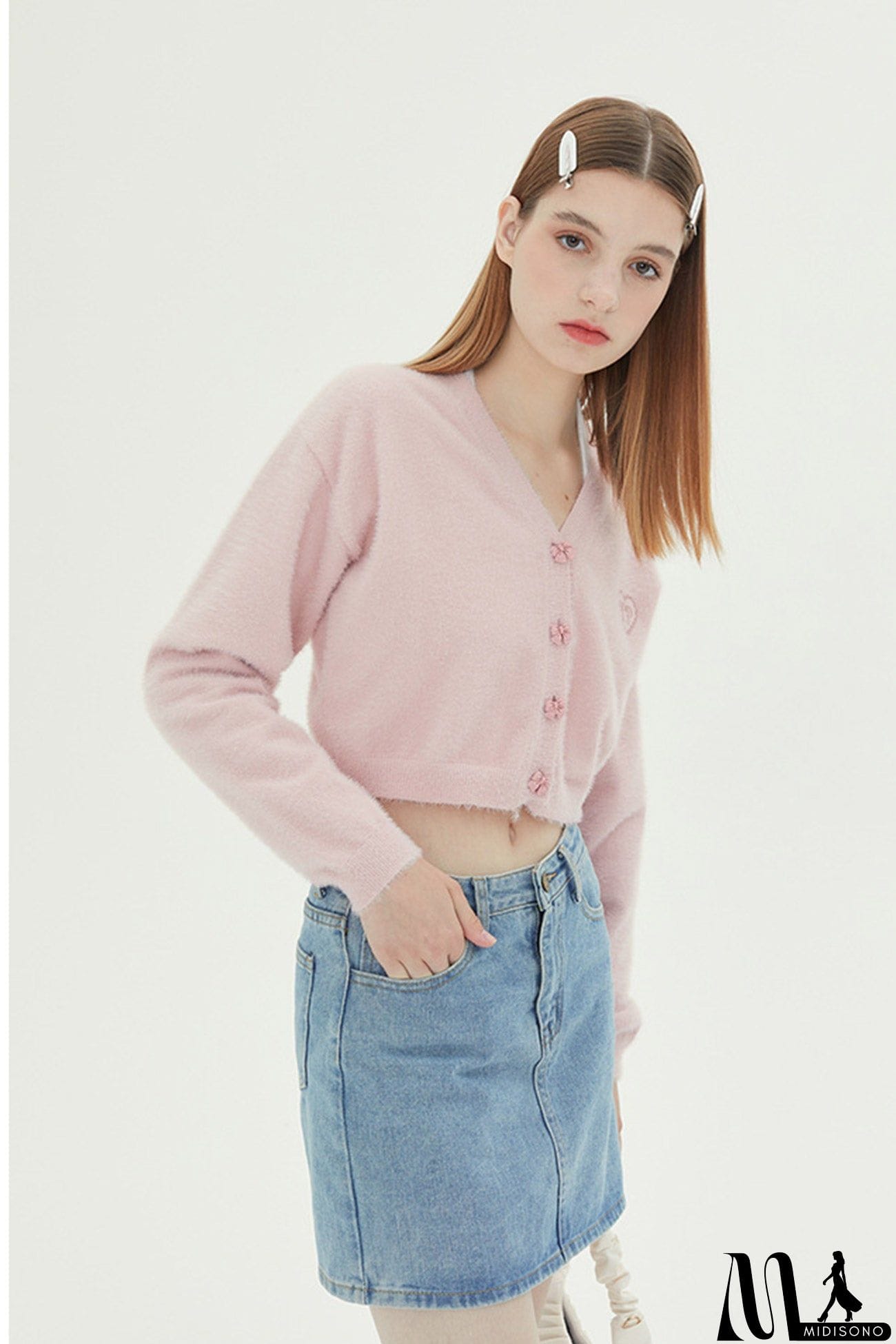 MidiSono - V Neck Solid Color Cardigan