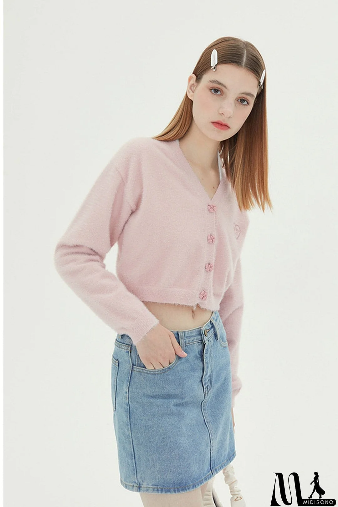 MidiSono - V Neck Solid Color Cardigan