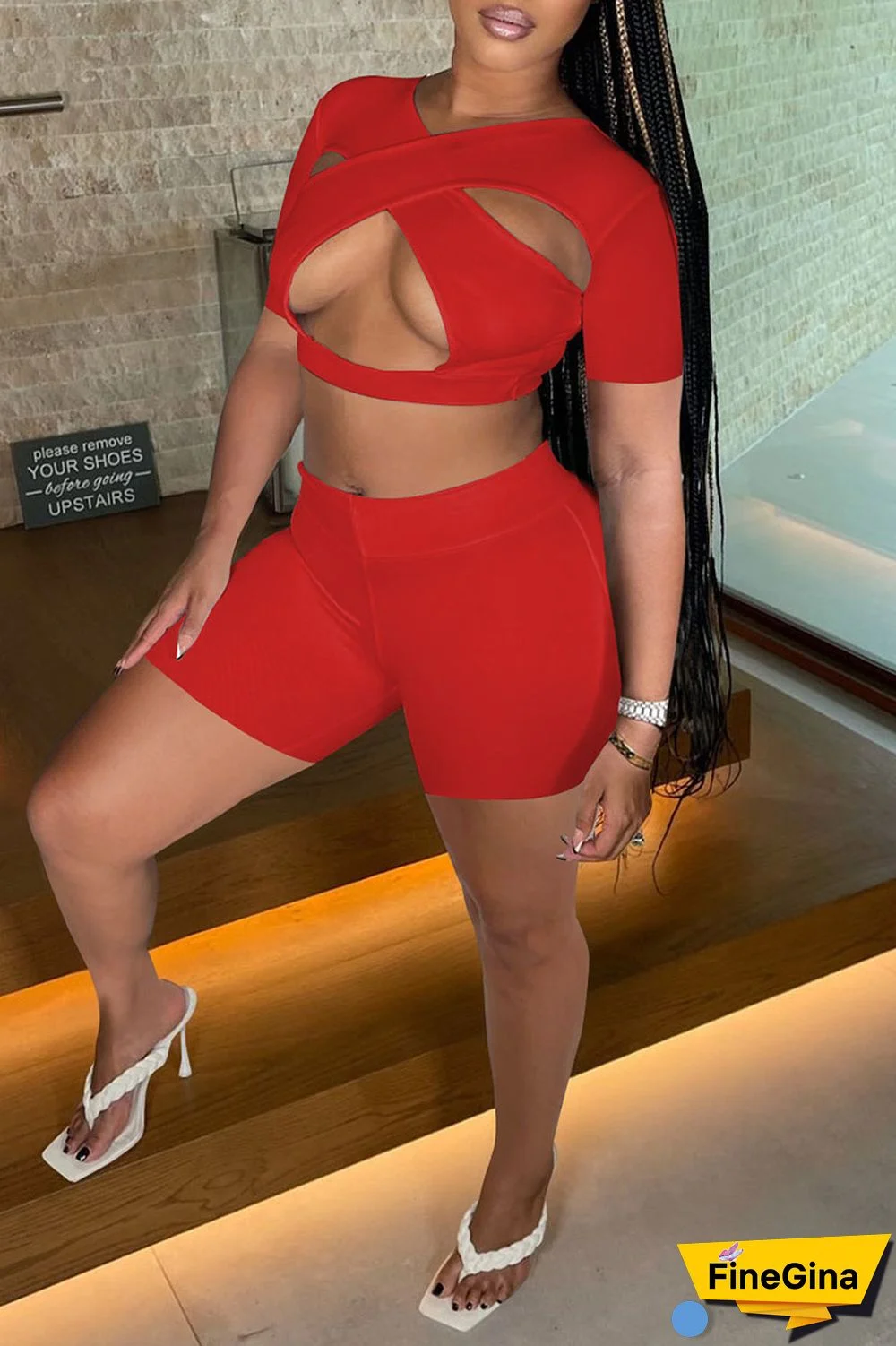 White Sexy Solid Hollowed Out Patchwork V Neck Short Sleeve Two Pieces