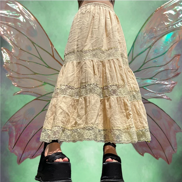 Dubeyi Kawaii Lace Patchwork High Waist Midi Skirt Y2K Fairycore Grunge Retro Pleated Skirt 90s Women Korean Mall Goth Clothes