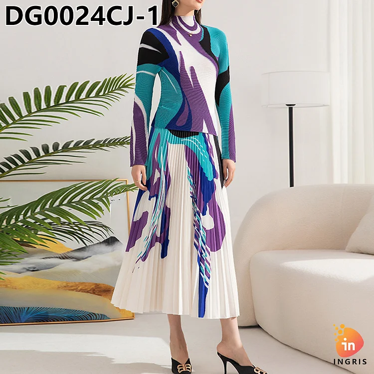 Pleated clothing casual style women's 2-piece long-sleeved shirt and printed long pleated skirt suit-DG00024CJ
