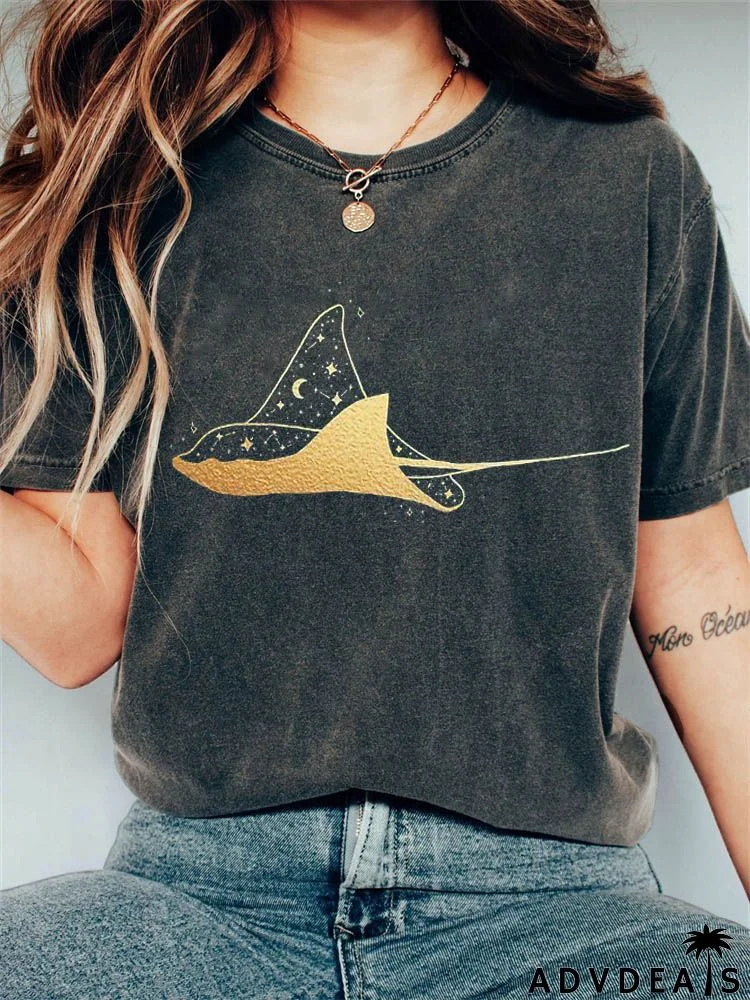 Women Fashion Cartoon Crane Wave Letter Print Round Neck Short Sleeve T-Shirt