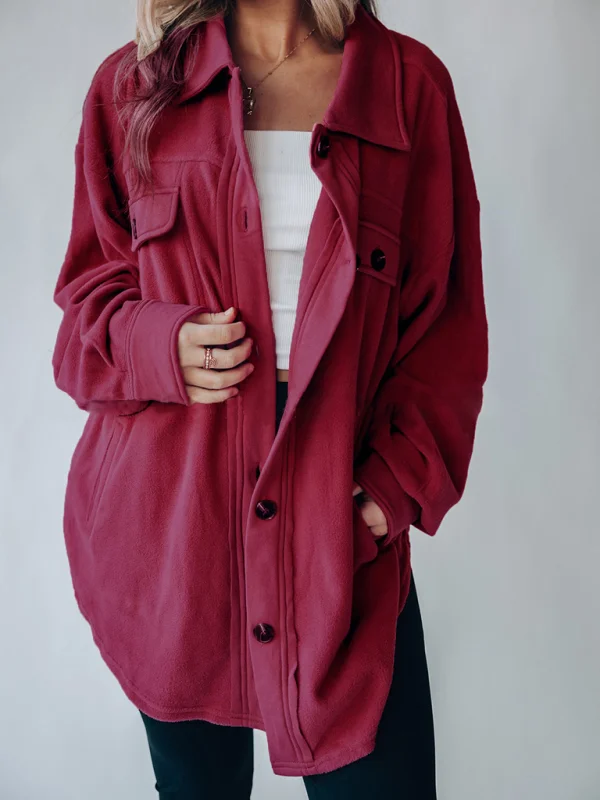 Women’s Solid Color Spread Collar Curved Hem Side Pockets Fleece Shirt Jacket Flusfy
