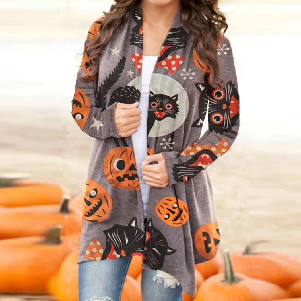 Women Halloween Funny Black Cats Pumpkins Printed Women Cardigan