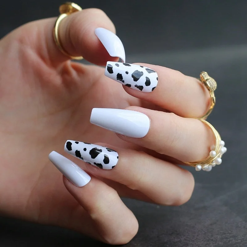 Black white mix and match cow print fake nails Medium coffin false nail UV design gel popular Black spots-Nail Inspo