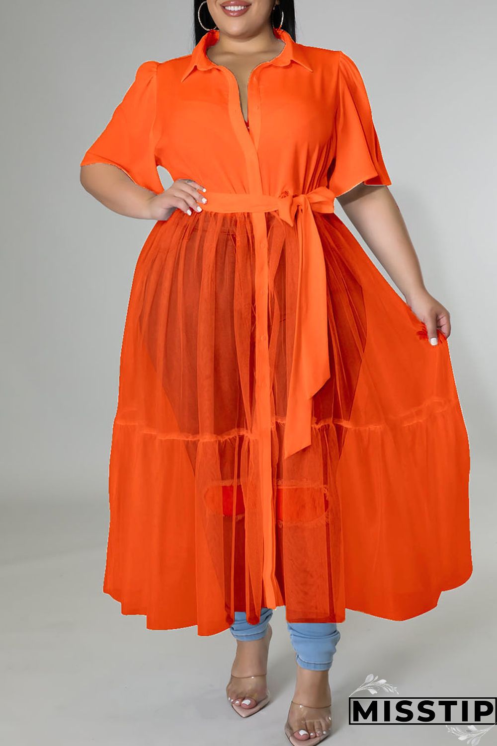 Black Casual Solid Patchwork Buckle Turndown Collar Plus Size Dresses