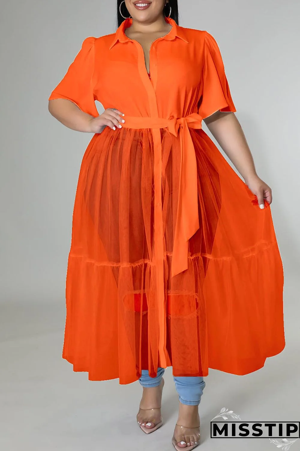 Black Casual Solid Patchwork Buckle Turndown Collar Plus Size Dresses