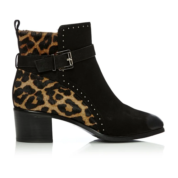 Black Cheetah Hair Calf Round Toe Booties with Studs Vdcoo