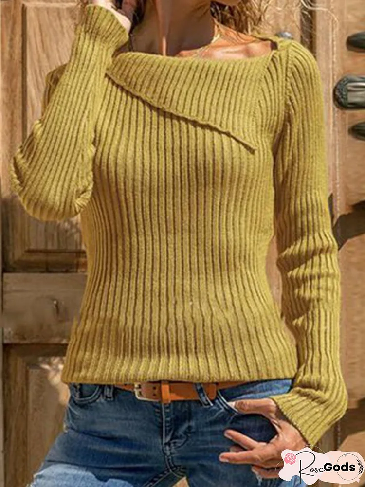 Knitted Solid Vintage Asymmetrical Collar Long Sleeve Sweaters