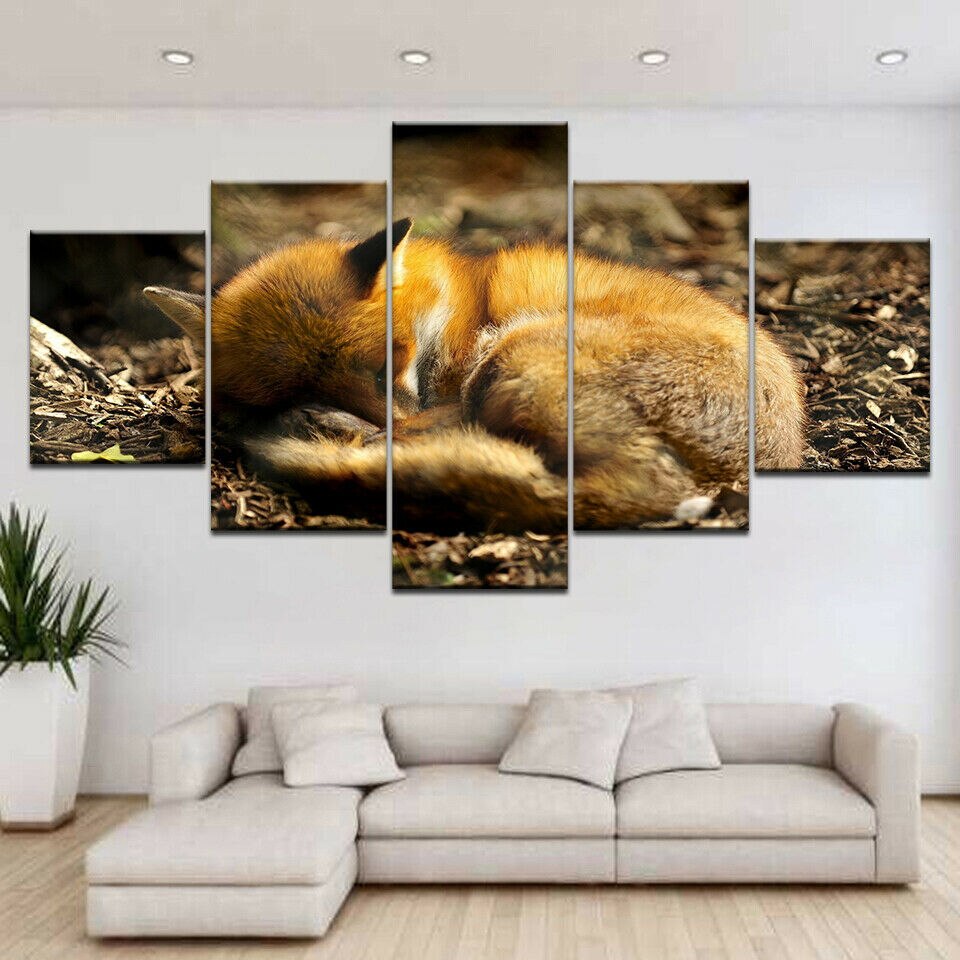 HD Printing Canvas Painting Animal Fox Art Group Home Poster Room Decor Paintings Pictures Wall 5 Panel HD Print Home Decor