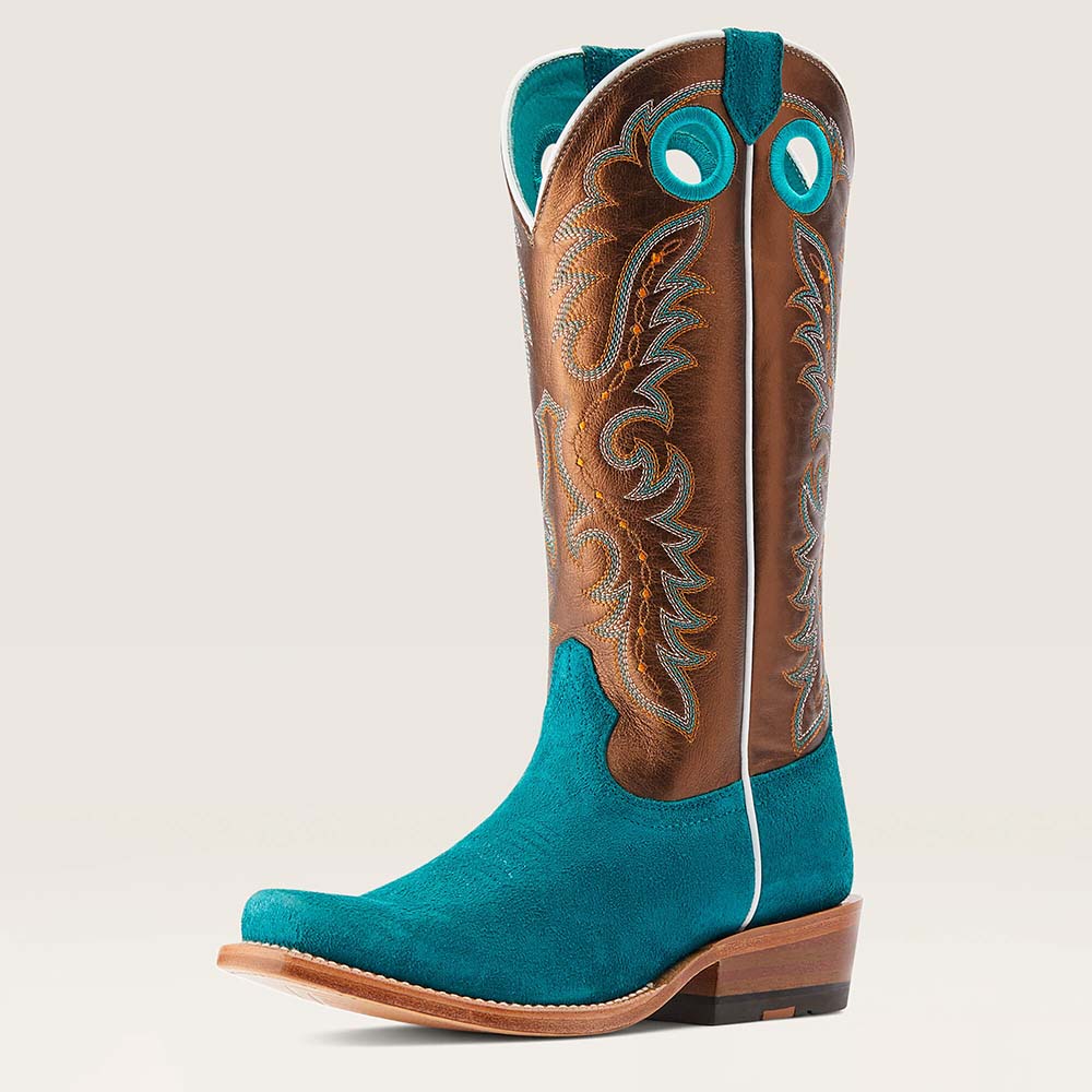 Brown & Teal Square Toe Mid Calf Embroidered Cowgirl Boots Nicepairs