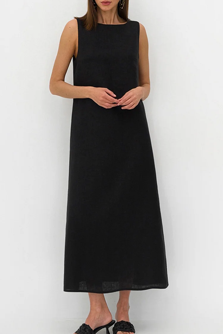 Boat Neck Solid Color Tie Up Open Back Sleeveless Maxi Dresses