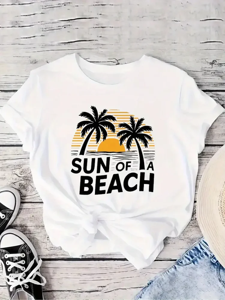 SUN OF A BEACH Print T-Shirt, Casual Crew Neck Short Sleeve T-Shirt For Spring & Summer, Women's Clothing