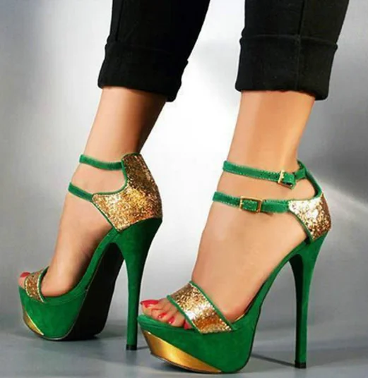 Green and Gold Glitter Platform Sandals Ankle Strap High Heels Vdcoo