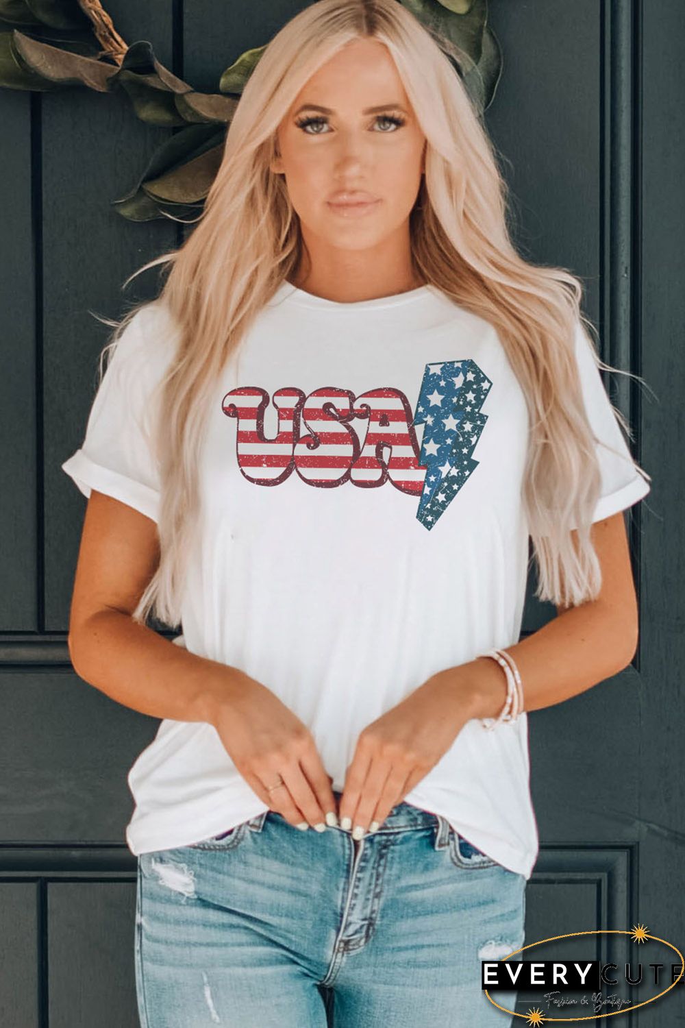 White USA Lightning Graphic Print Short Sleeve T Shirt