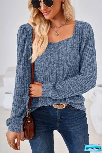 Ribbed Square Neck Long Sleeve T-Shirt