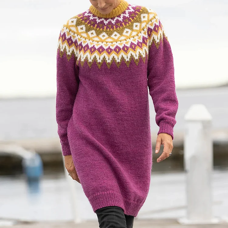 Utbros Geometric Contrast Pattern Wool Sweater Midi Dress