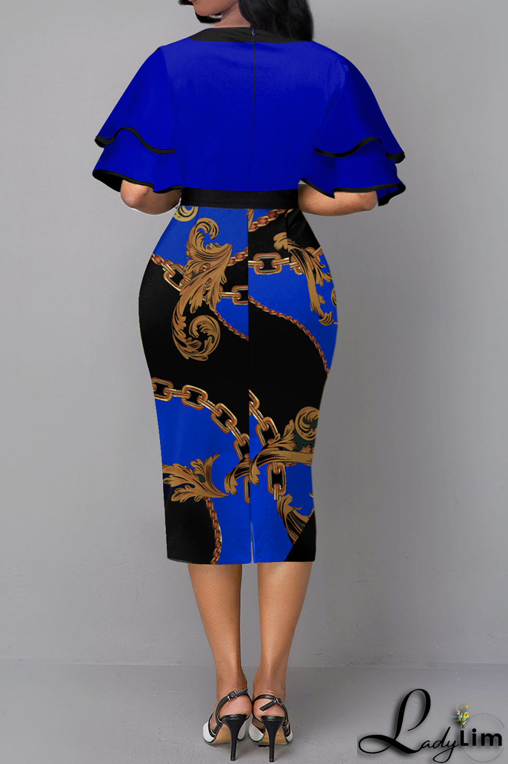 Blue Vintage Print Flounce O Neck Pencil Skirt Dresses