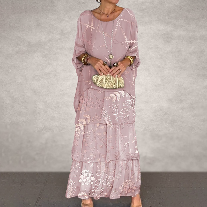 Elegant Pink Abstract Glitter Print Chiffon Cake Round Neck Bat Sleeve Skirt Dress