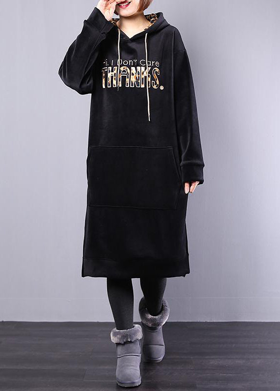 VCSHOES cotton Wardrobes Pakistani Hoodie Drawstring Letter Fleece Loose Midi Dress