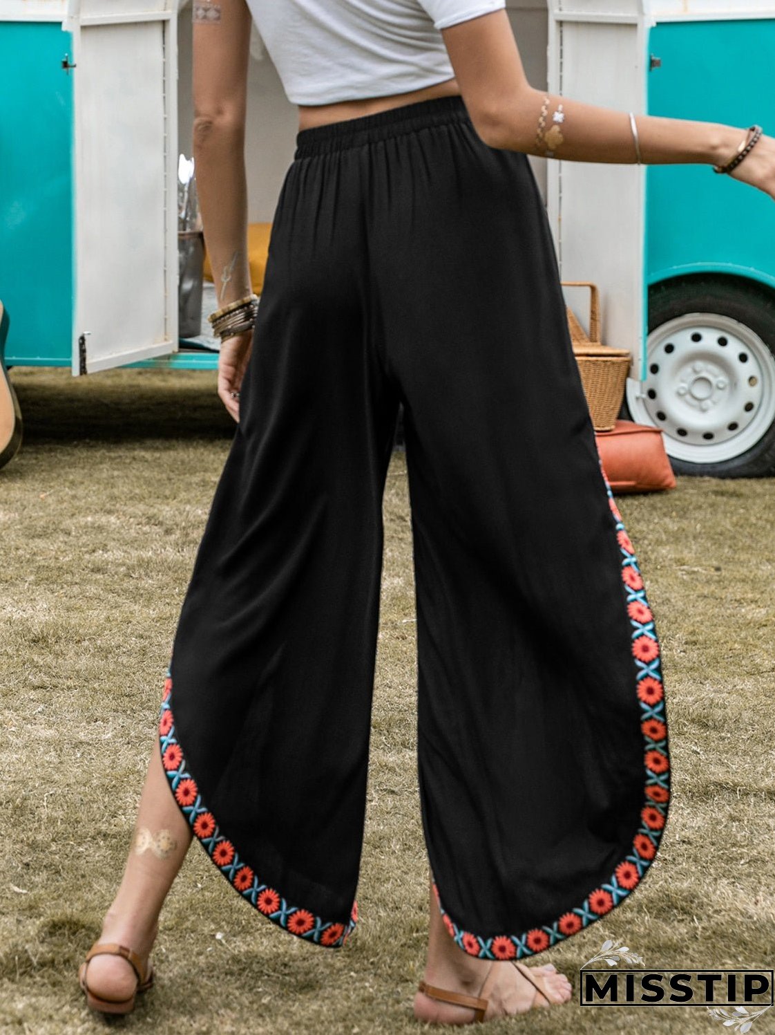 Slit Elastic Waist Wide Leg Pants