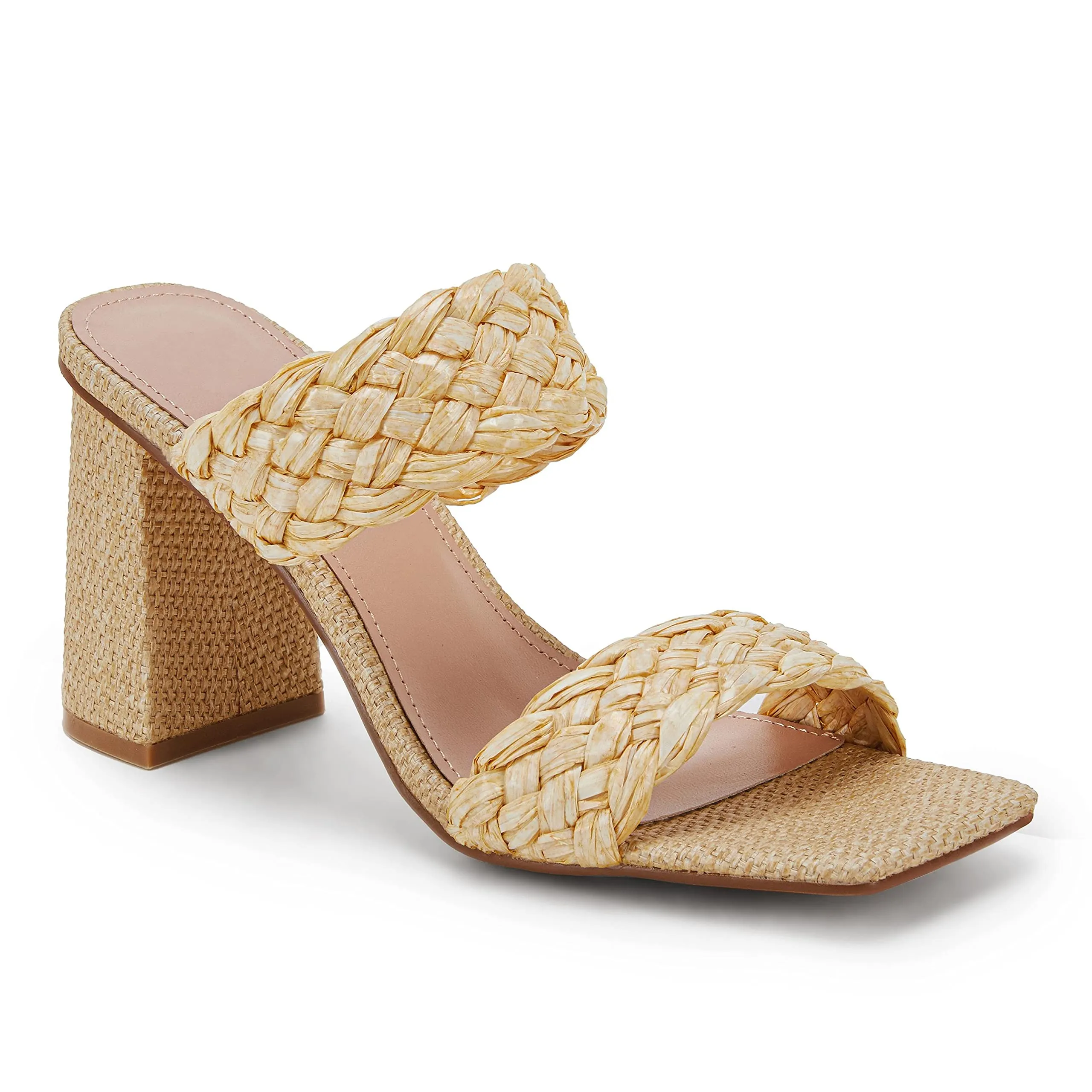 Women's Backless Square Open Toe Block Strappy Braided Heeled Sandals Yellow-vocosishoes