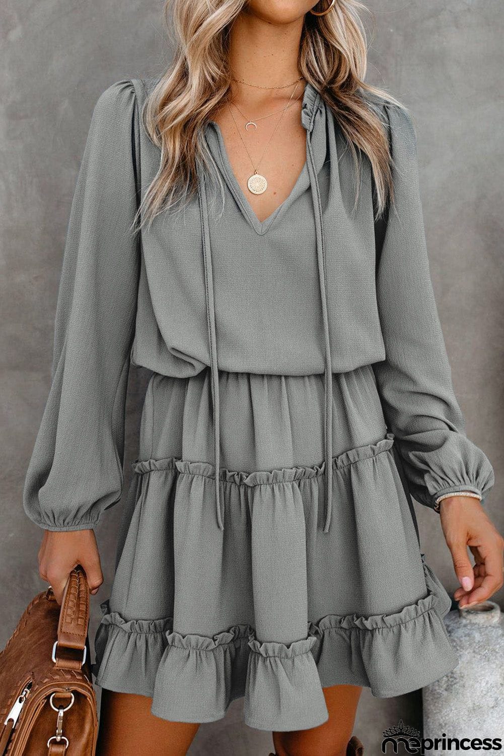 V Neck Long Sleeve Ruffle Tiered Mini Dress