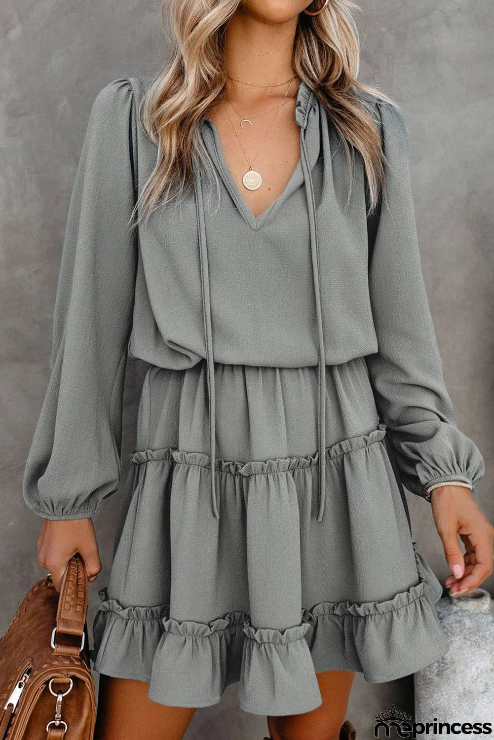 V Neck Long Sleeve Ruffle Tiered Mini Dress