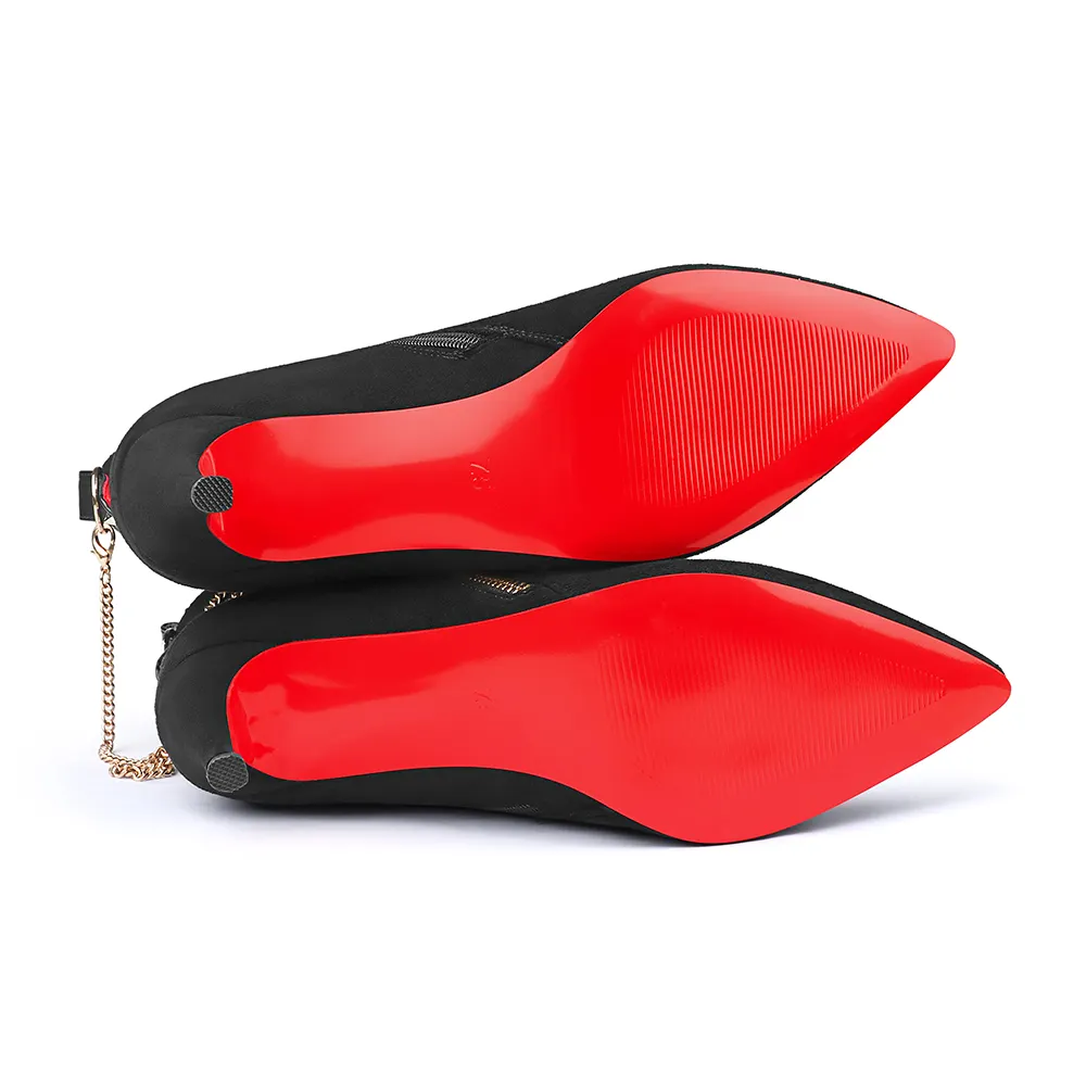 60mm Women's Pointed Toe Metal Chain Kitten Heel Single Strap Red Bottom Booties-vocosishoes