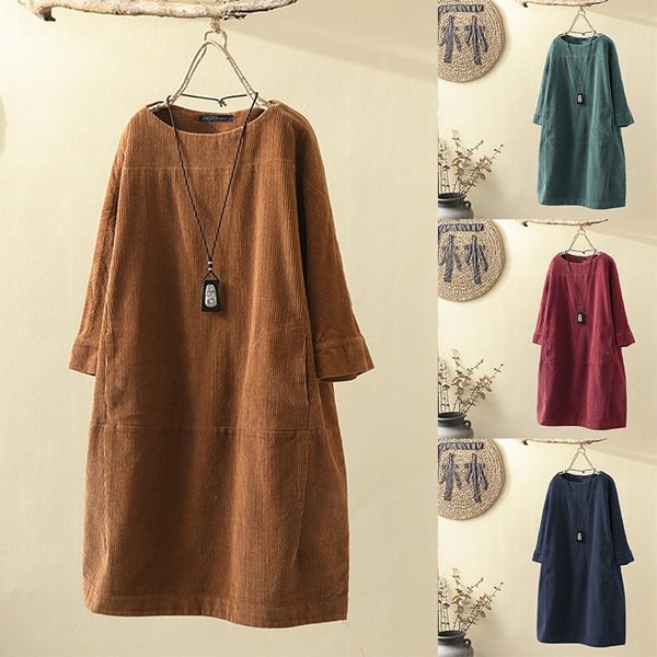 Womens Oversize Corduroy Crew Neck Long Sleeve Pure Color Casual Loose Pockets Long Shirt Dress Midi Dress Tunic Tops Plus Size - Life is Beautiful for You - SheChoic