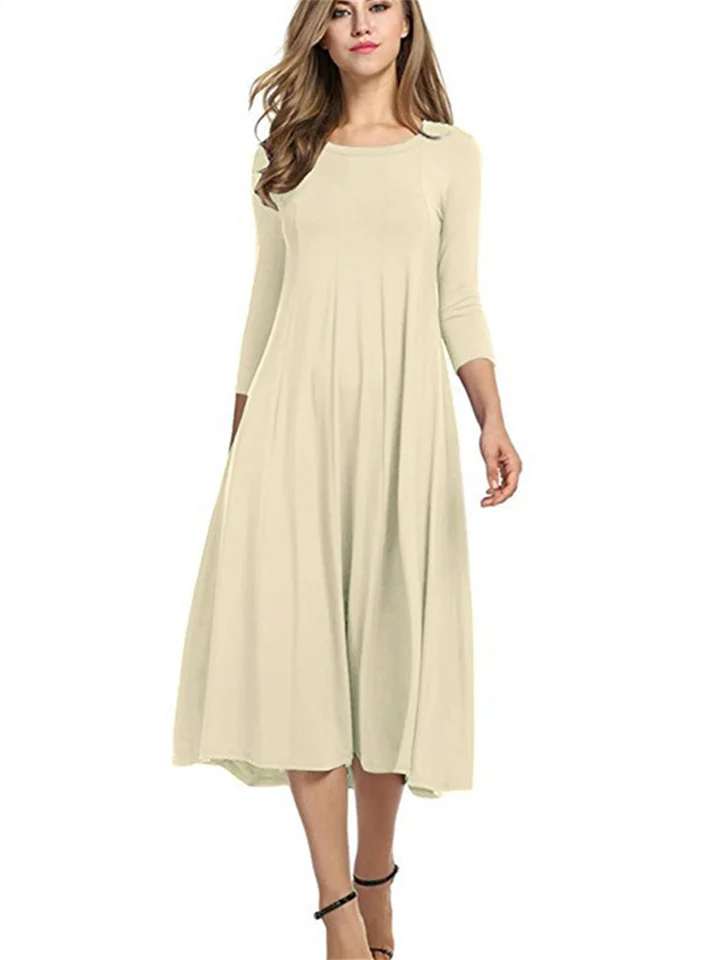 Women's Temperament Elegant Round Neck Mid-sleeve Solid Color Hem Dress