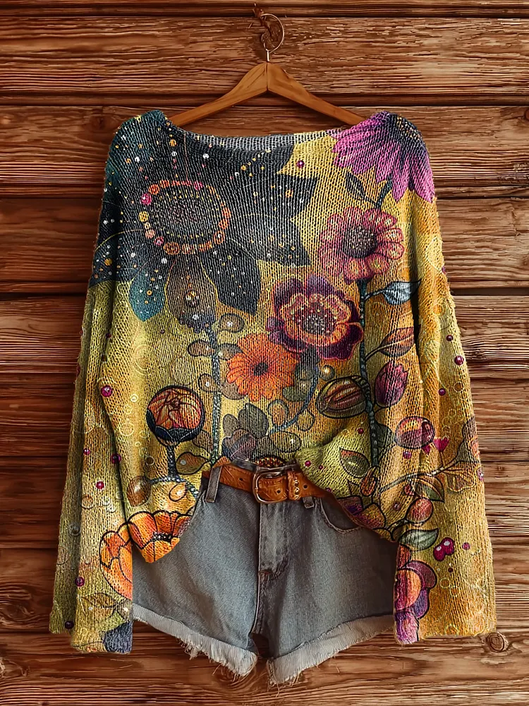 Women's Vintage Bohemian Floral Art Print Casual Pullover Sweater
