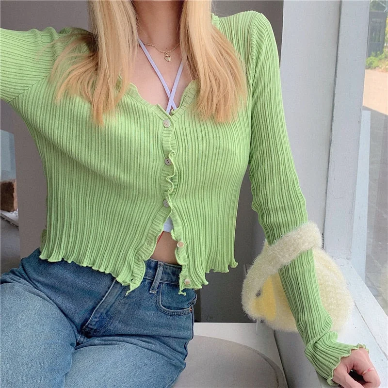 Top Women's Long Sleeve Knitwear Women's Shirt V-neck Slim Sunscreen Cardigan Female Blouse 2021 Summer Korean Short Thin 16054