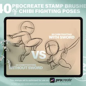 40 Chibi Procreate fighting Poses Stamps Brushes. Cute Anime Manga SD ...