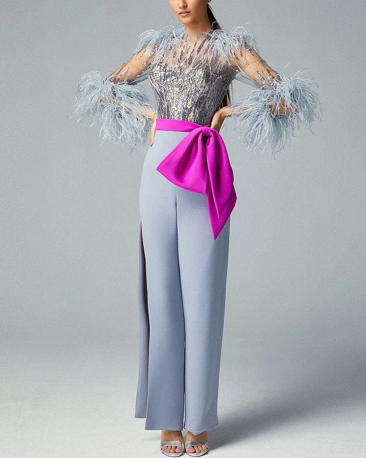 Sequined Feathered Powder Jumpsuit with Crepe Fuchsia Bow Belt