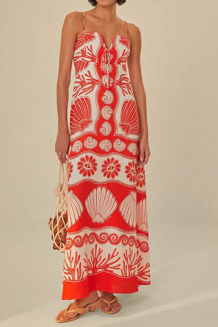 Ocean Print Suspender Tie Maxi Dress
