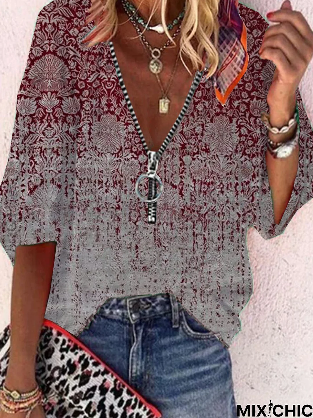 Paisley  Half Sleeve  Zipper Polyester  V neck  Vintage  Summer  Red Shirt