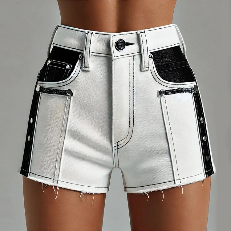 Casual High Rise Raw Edge Colorblock Denim Shorts