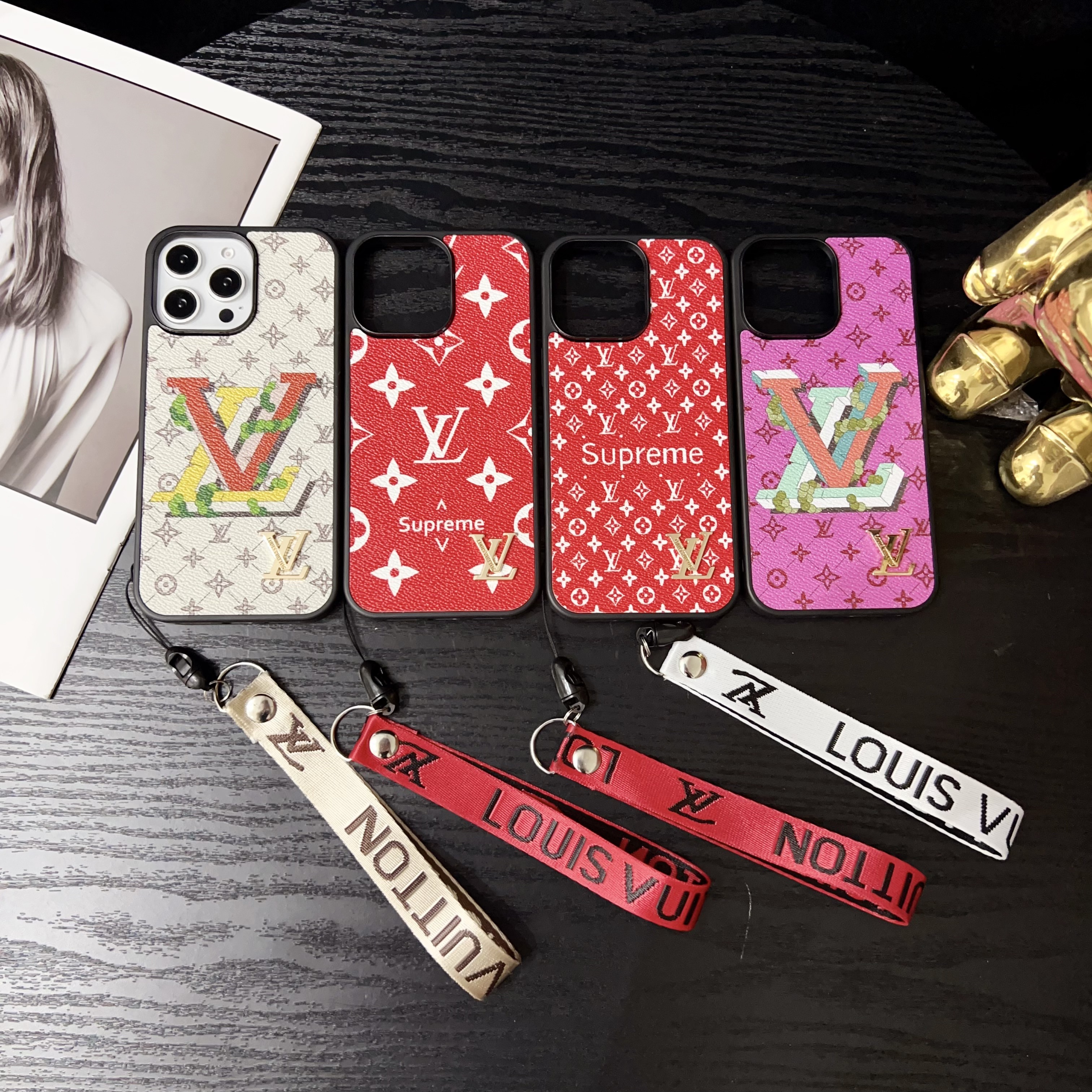 Trendy LV Monogram Canvas Elegant Wrist Strap Apple iPhone Case Samsung Galaxy Supreme Cover