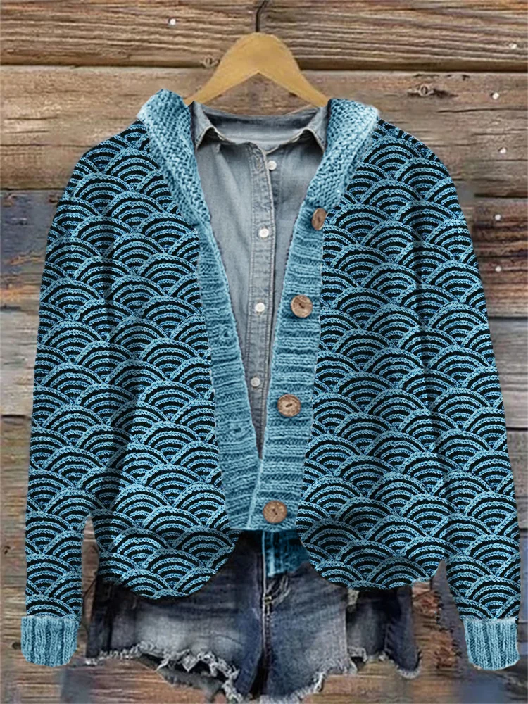 Japanese Sea Waves Inspired Knit Art Hooded Cardigan
