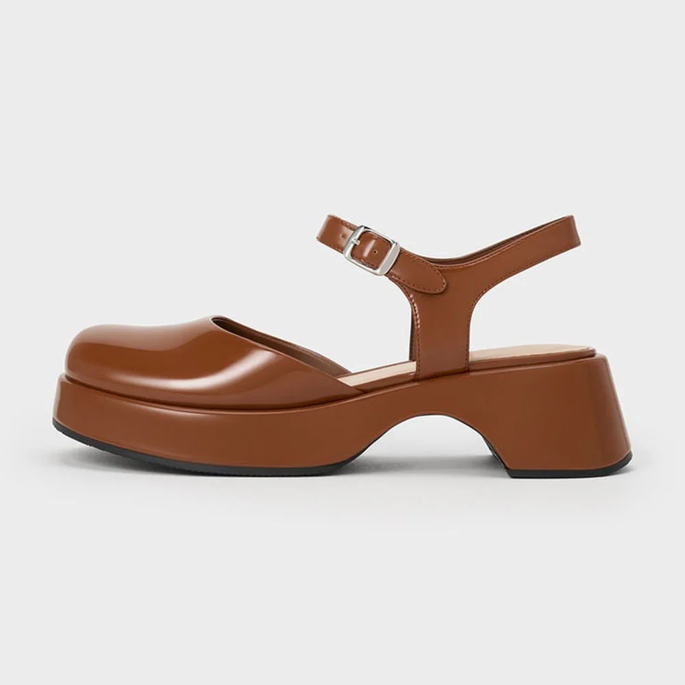 YDN Brown Round Toe Ankle Strap Chunky Heel Platform Sandals