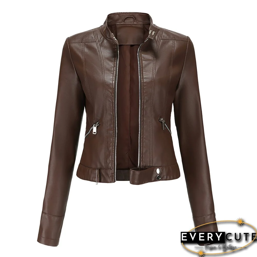 Coffee PU Stand Collar Short Leather Jacket