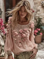 Women's Pink Rose Art Linen Blend T-shirt